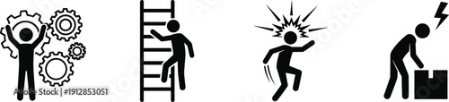 Stick Figure People Poses Vector Icon Set Featuring Man Climbing Ladder, Working With Gears, Jumping, and Lifting Heavy Box Silhouettes.