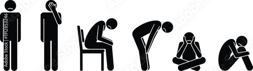 Stick Figure People Poses Vector Icon Set Featuring Sadness, Depression, Grief, Mental Health Problems, Crying, and Lonely Person Silhouette Illustrations.