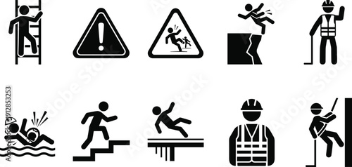 Stick Figure People Poses Vector Icon Set Featuring Workplace Safety, Industrial Accidents, Falling From Heights, Drowning, and Construction Worker Silhouettes.