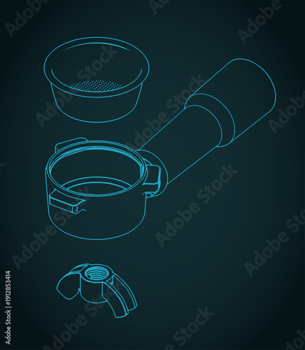 Disassembled double spout portafilter and filter basket isometric blueprints