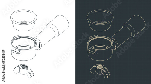 Disassembled double spout portafilter and filter basket isometric drawings