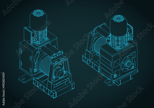 Electric wire rope winch isometric  blueprints