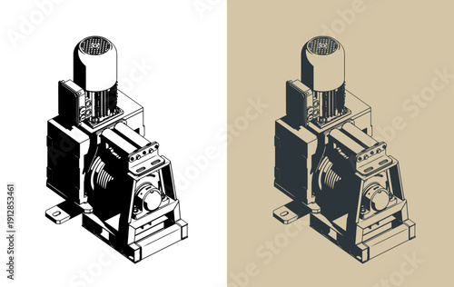Electric wire rope winch isometric illustrations