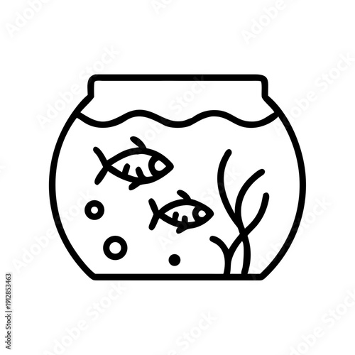 Fish swimming in round aquarium with plants and bubbles  