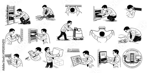 データセンター・サーバ管理作業イラストセット（設置・配線・保守・監視）、Data Center and Server Management Illustration Set (Installation, Cabling, Maintenance, Monitoring)