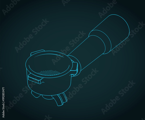 Double spout portafilter isometric blueprint