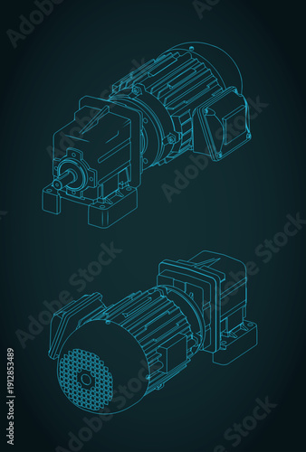 Helical geared motor isometric blueprints