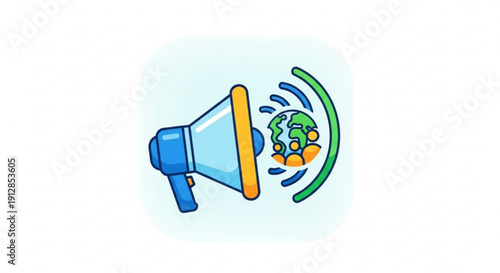 Megaphone amplifying globe with sound waves on light blue background symbolizing global communication