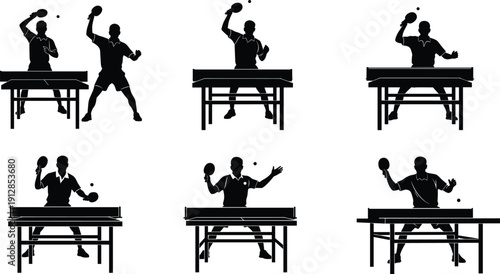 Table tennis player silhouette set featuring ping pong athletes serving, smashing, and playing matches in competitive poses on white background