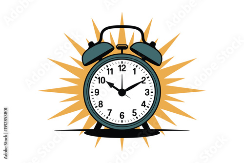 Loud alarm clock rings brightly signaling the urgent need for waking up.