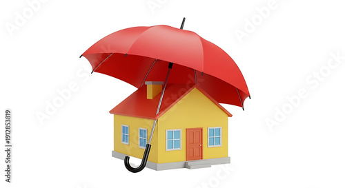 Yellow house with red roof and umbrella red umbrella