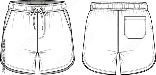 White men's athletic sports shorts technical sketch featuring elastic waistband with drawstring and back pocket for streetwear fashion design template,