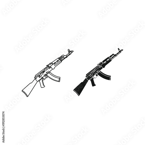 Two vintage kalashnikov-style rifles displayed side by side in monochrome