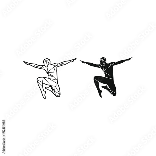 Two figures performing a synchronized mid-air jump with arms outstretched.