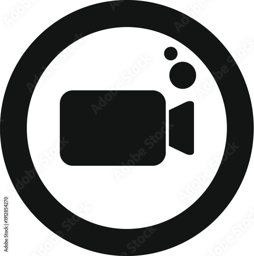 Black video camera icon representing video recording and live communication on white background