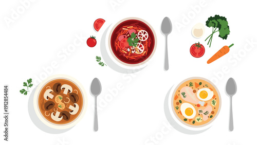 Assortment of three delicious soup bowls including mushroom cream, traditional red borsch, and chicken noodle soup.