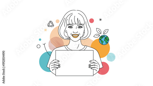Cheerful young woman holding a large blank white sign with ecological symbols like recycling and the earth nearby.