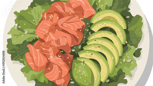 Fresh salmon salad plate with sliced avocado and sesame seeds on a bed of green lettuce leaves for a healthy keto meal.