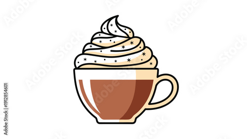 Gourmet coffee cup topped with a generous swirl of whipped cream and tiny star-shaped chocolate sprinkles on a white background.
