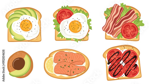 Variety of gourmet toasts with healthy toppings including avocado, fried egg, crispy bacon, smoked salmon, and fresh sliced tomatoes.