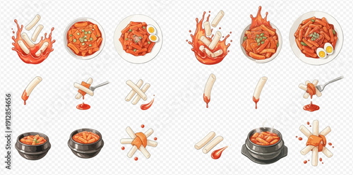 Set of Tteokbokki Korean spicy rice cakes with sauce and ingredients in various styles.