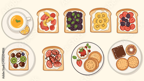 Assorted healthy breakfast toasts topped with fresh berries and fruits served with a cup of orange tea and a plate of cookies.