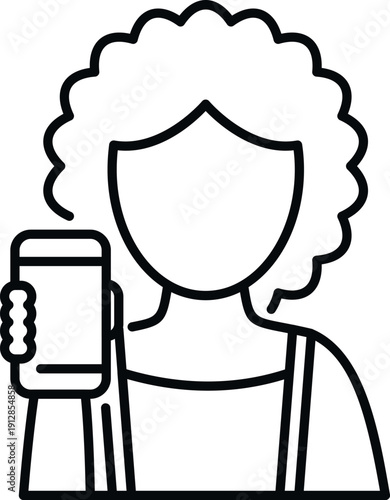 Woman with curly hair presenting a mobile phone and engaging with digital content