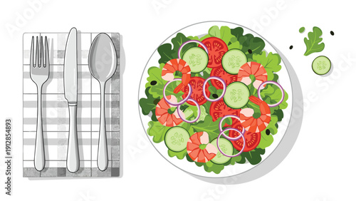 Fresh seafood salad plate with grilled shrimp, sliced cucumbers, tomatoes, and red onions served with cutlery on a napkin.