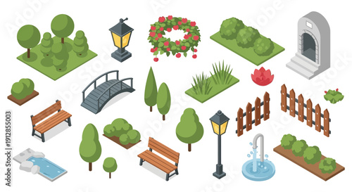 Isometric park elements including benches fountains and decorative greenery