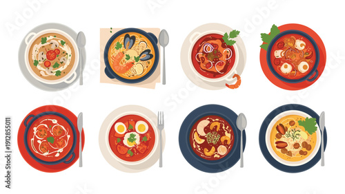 Diverse assortment of warm and hearty soup bowls featuring seafood, meat, vegetables, and eggs served with spoons and bread.