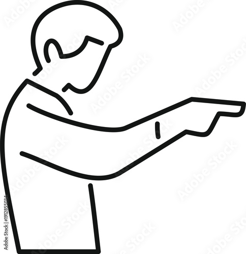 Line art icon of a man pointing a finger, illustrating direction, choosing, or accusation