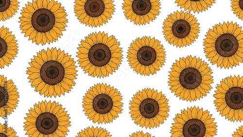 Vibrant seamless pattern featuring hand-drawn yellow sunflowers with dark centers arranged closely together on a white background.