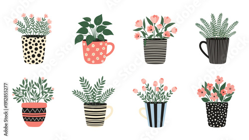 Collection of diverse indoor plants and colorful flowers growing in charming patterned coffee mugs and decorative ceramic pots.
