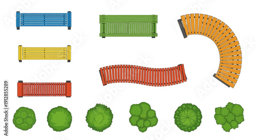 Top down view of colorful park benches and various green shrubbery