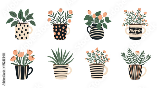 Assorted collection of eight different house plants and flowering plants shown in stylish patterned coffee mugs and small pots.