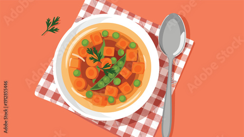 Top down view of a nutritious vegetable soup in a white bowl served on a red checkered napkin with a metal spoon beside it.