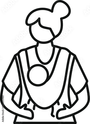 Woman carrying baby in a baby carrier, depicting motherhood and attachment parenting concept