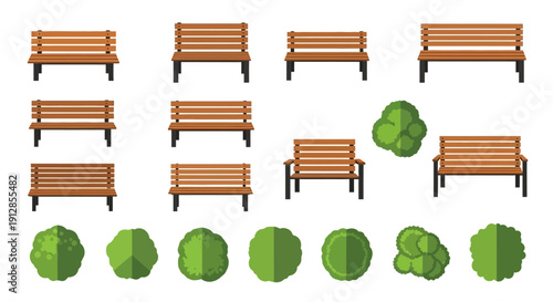 A collection of park benches a chair and various green shrubbery