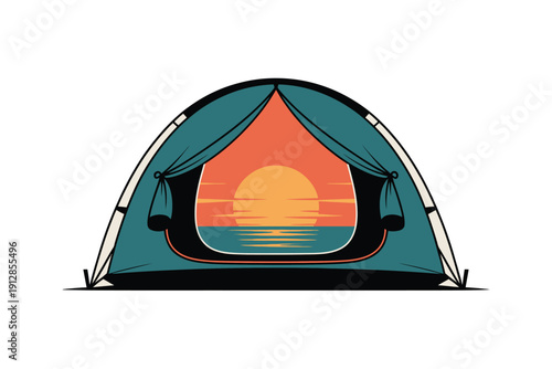 Tent opening reveals a vibrant sunset reflection over calm ocean water.