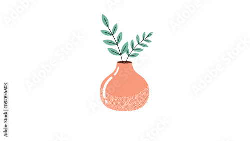Small peach colored ceramic vase with a textured base holding a couple of green leafy branches on a white background.
