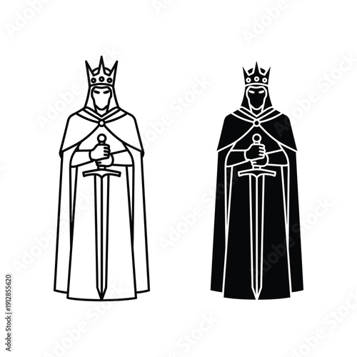 Two regal figures holding swords and wearing crowns and capes in a symmetrical pose