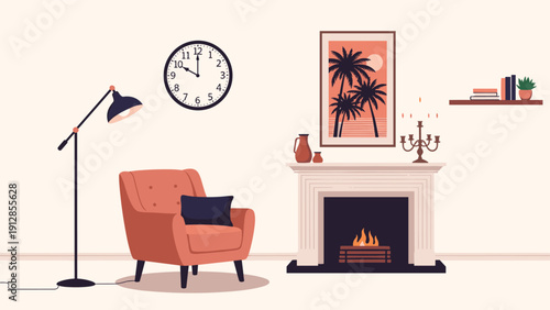 Cozy living room interior featuring an armchair, a fireplace with a burning fire, a floor lamp, and a tropical sunset painting.