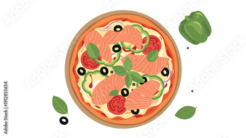 Gourmet pizza topped with smoked salmon slices, red tomatoes, green peppers, black olives, and fresh basil leaves on top.