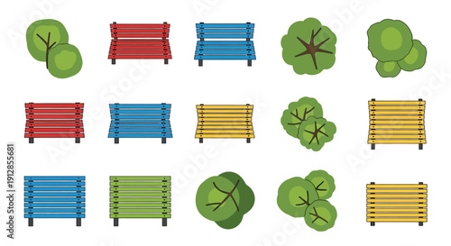 Top down view of park elements benches and trees in various colors