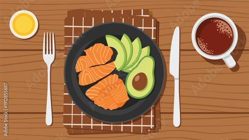 Healthy meal plate featuring slices of fresh salmon and a ripe avocado served with a cup of coffee on a wooden table.