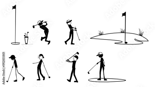 Golf player silhouette set in different action poses isolated on white background