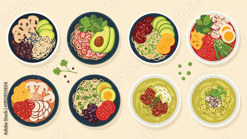 Set of eight different healthy food bowls containing noodles, vegetables, eggs, avocado, and mushrooms in various combinations.