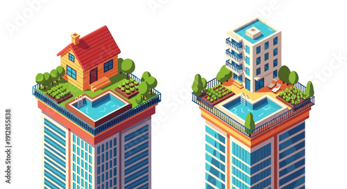 Isometric vector illustration of buildings with rooftop gardens and pools