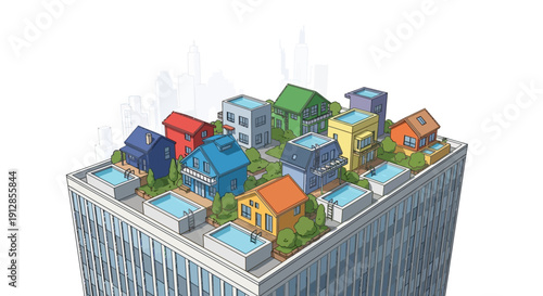 Colorful isometric buildings atop a modern skyscraper with rooftop pools