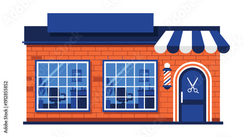 Front view of a classic barber shop building with a brick facade, blue windows, a striped pole, and a logo on the door.